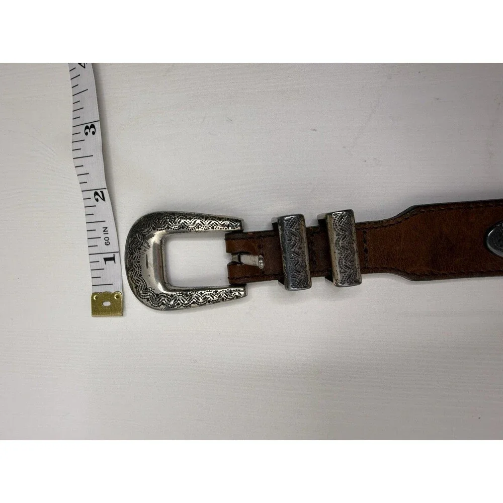 Vintage Tooled Leather Western Belt Silver Engraved Buckle Brown Size 40